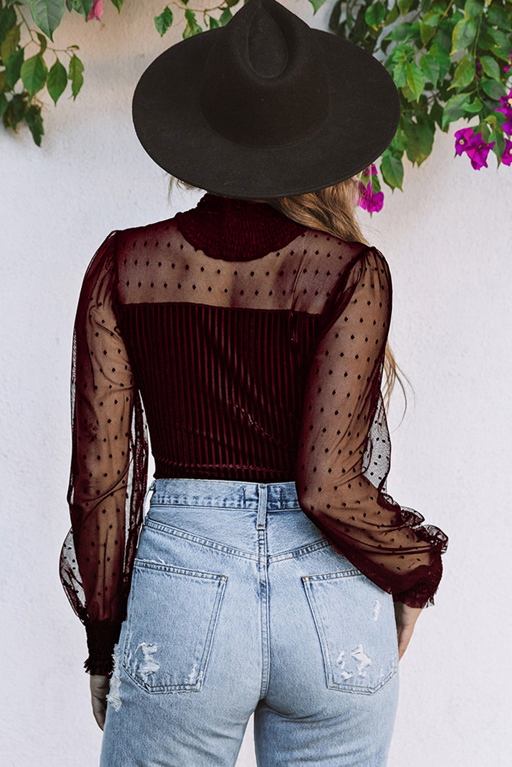 Sheer Dotty Puff Sleeve Ribbed Velvet Bodysuit - Cowaa