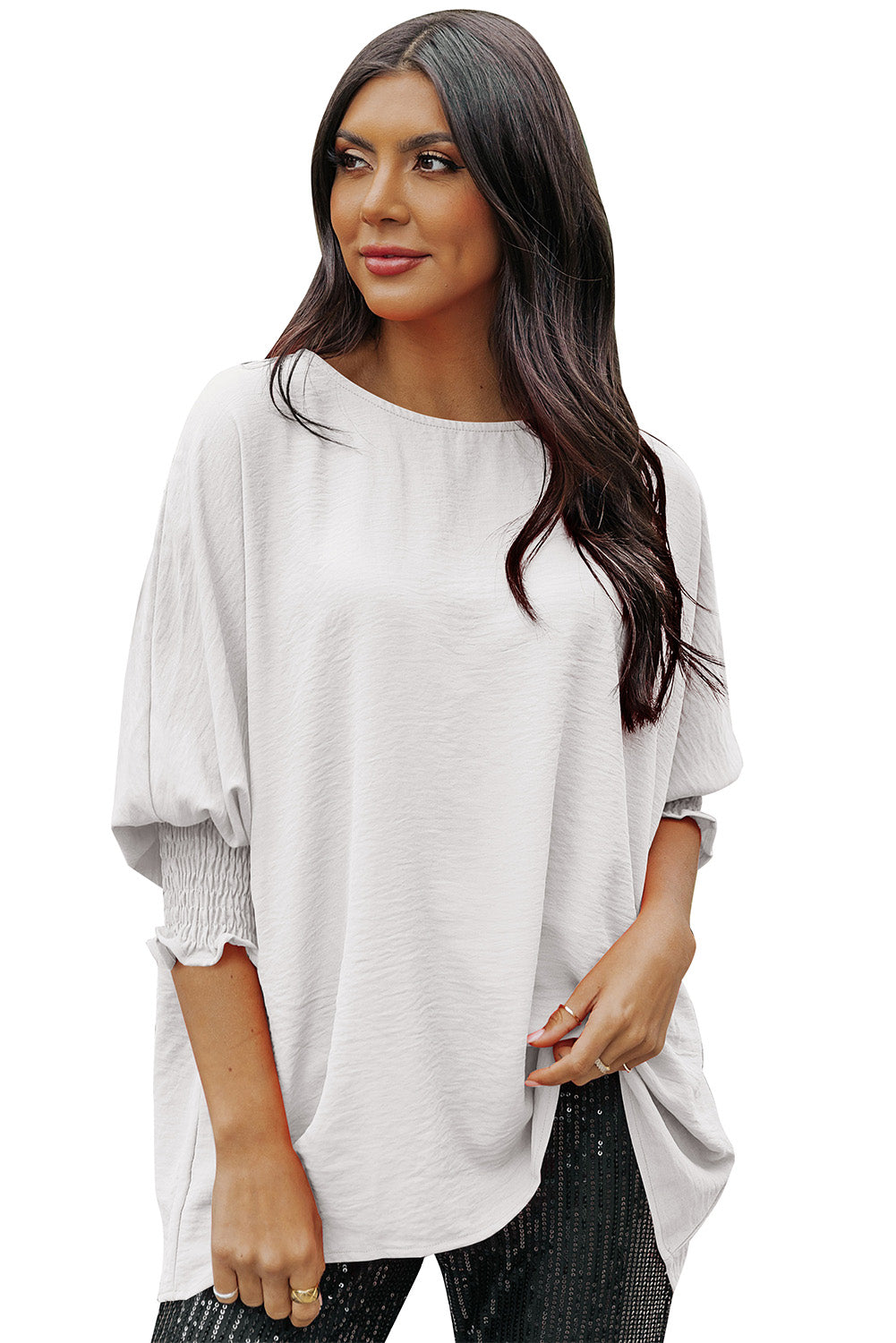 Apricot Solid Casual Smocked Cuffs Batwing Sleeve Blouse - Cowaa
