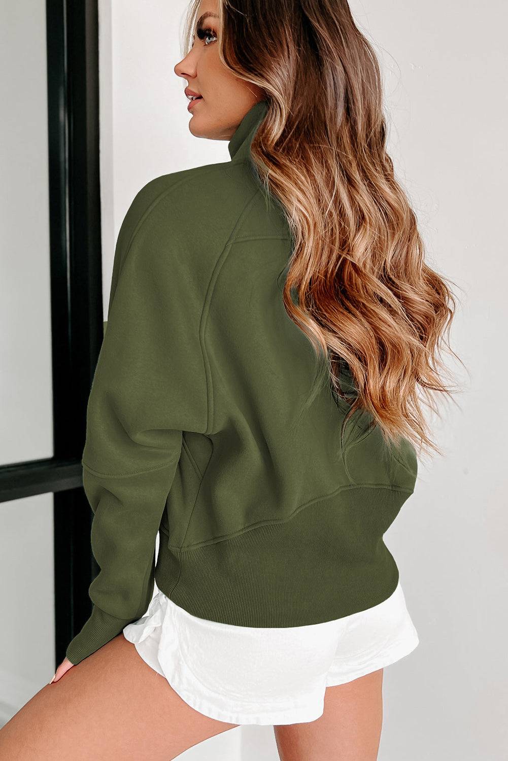 Brown Zip Up Stand Collar Thumbhole Sleeve Sweatshirt - Cowaa