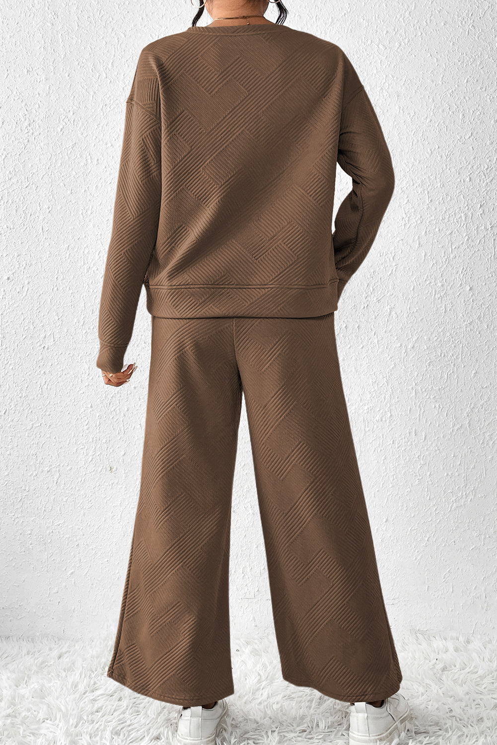 Strawberry Pink Textured Loose Slouchy Long Sleeve Top and Pants Set - Cowaa