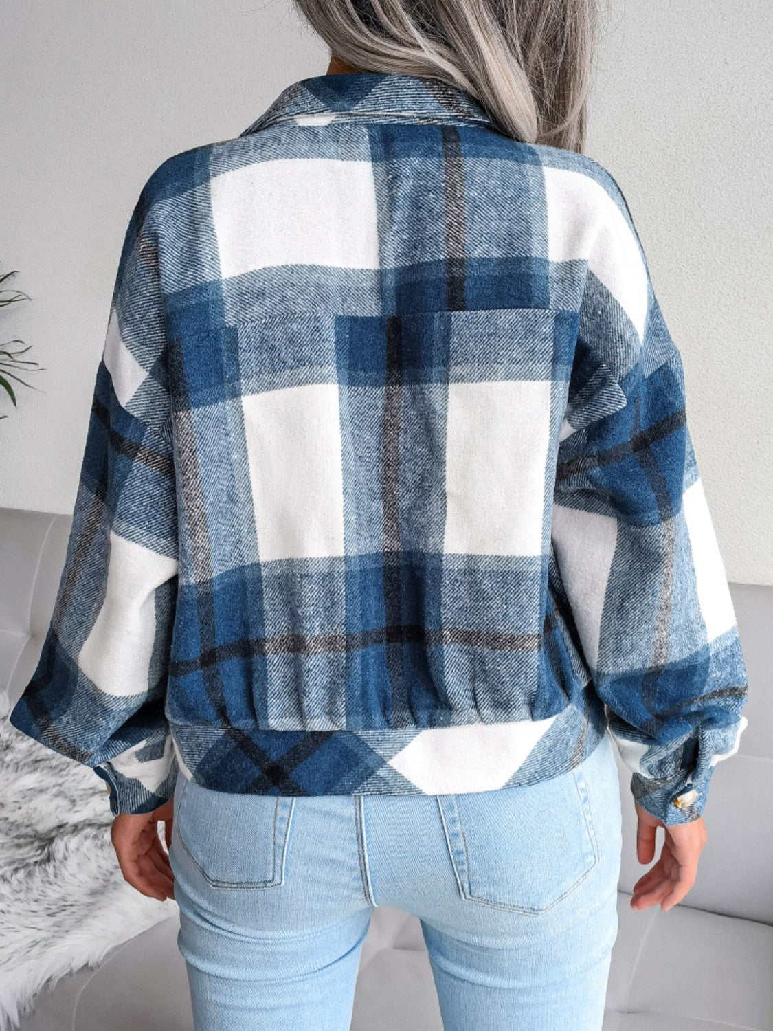 Plaid Collared Neck Long Sleeve Jacket - Cowaa
