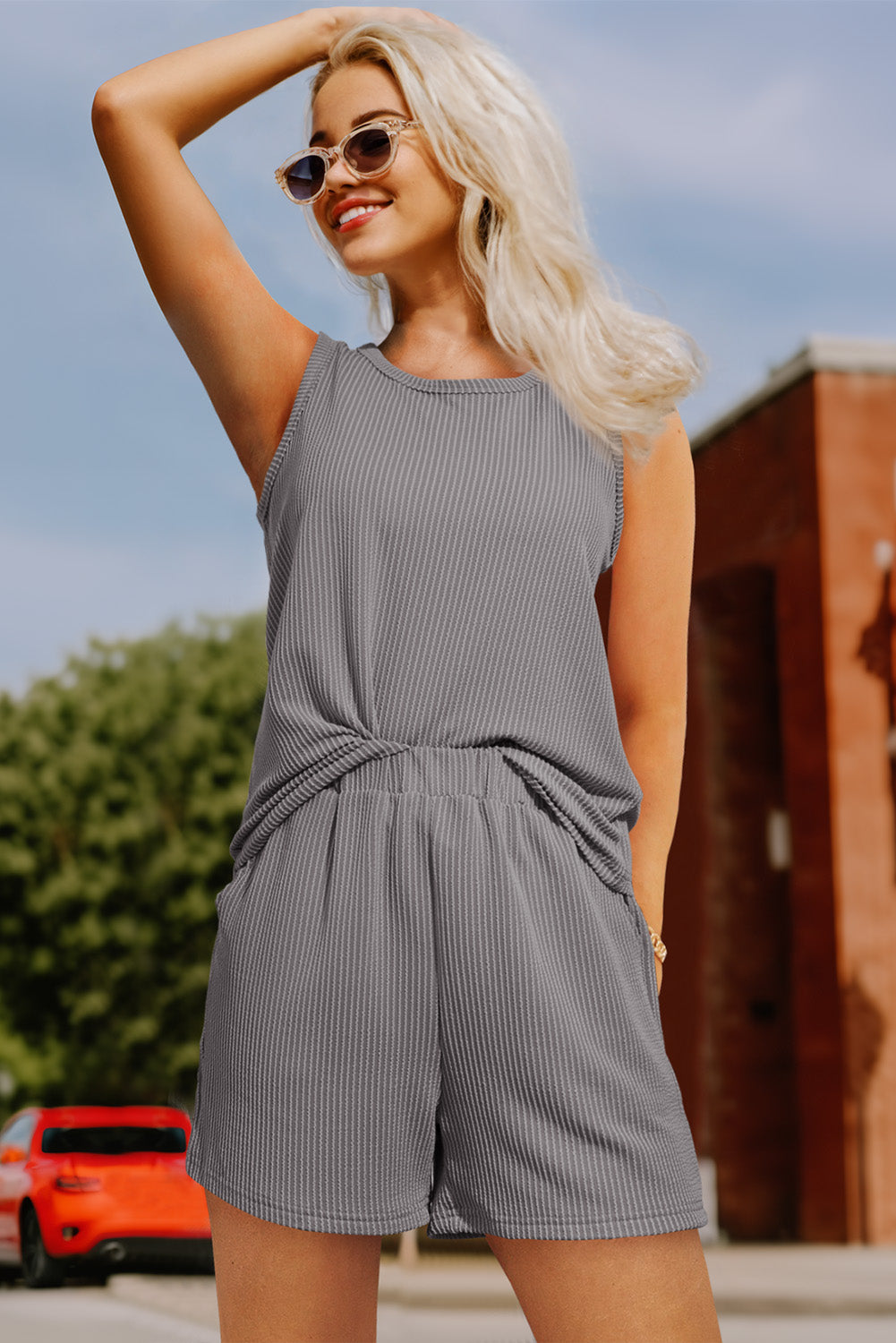 Medium Grey Corded Sleeveless Top and Pocketed Shorts Set - Cowaa