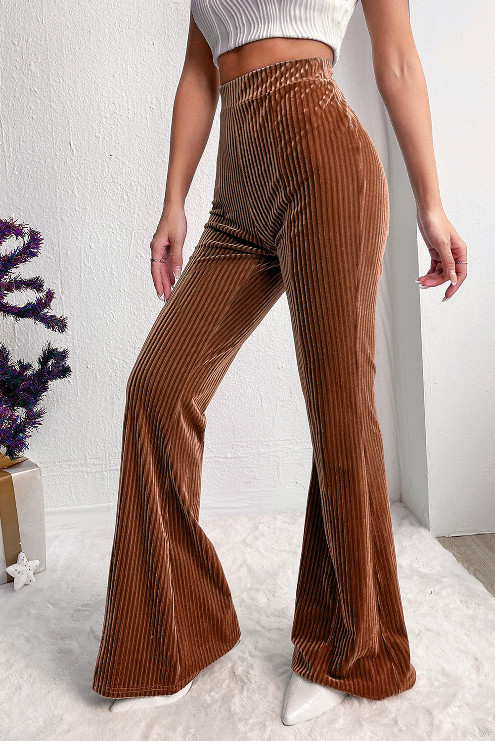High Waist Corduroy Flare Pants - Cowaa