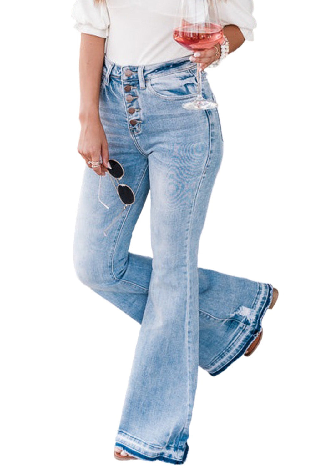 Blue Light Wash High Waisted Bell Bottom Jeans - Cowaa