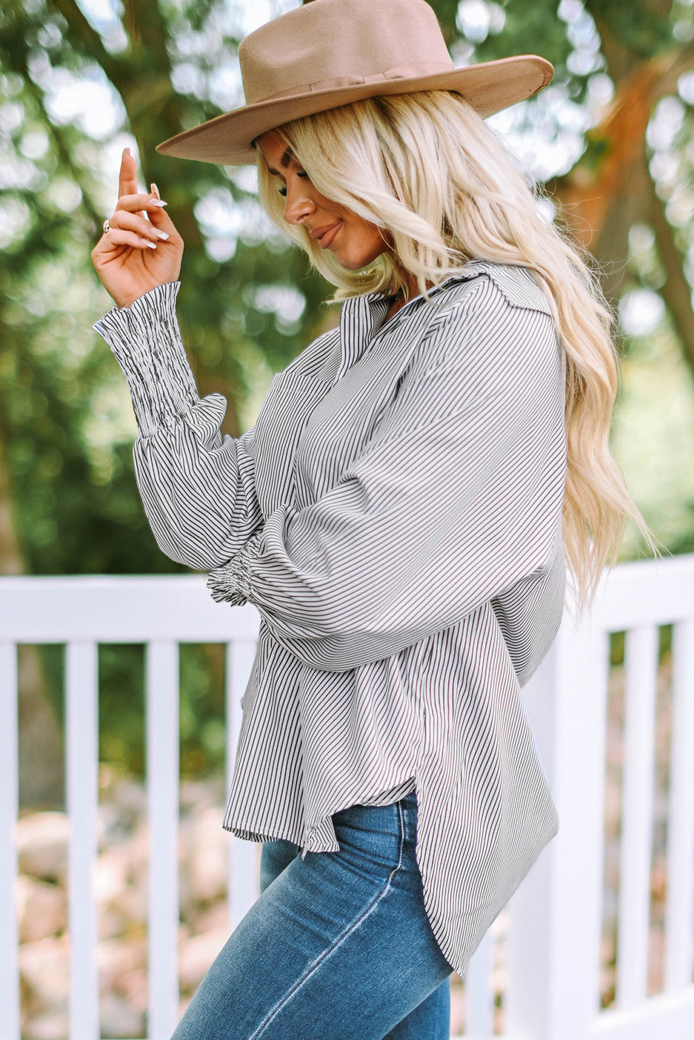 Black Striped Casual Shirred Cuffs Shirt - Cowaa