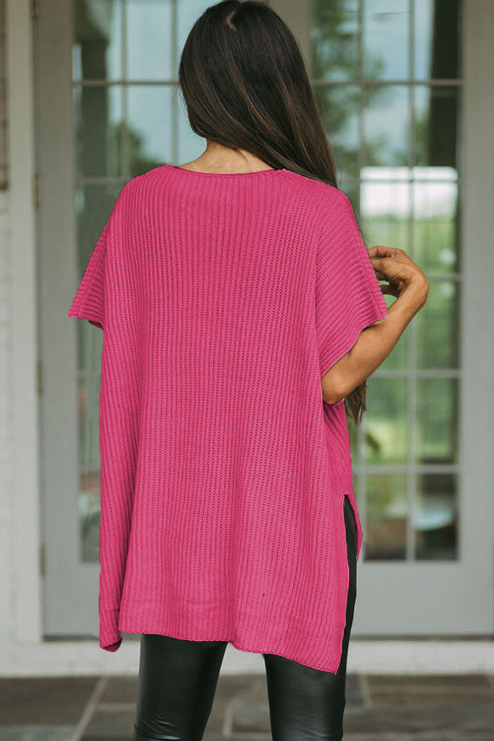 Rose Red Side Slit Short Sleeve Oversized Sweater - Cowaa