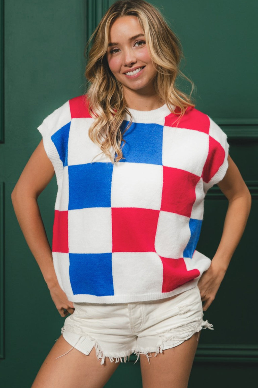 Fiery Red Checkered Color Block Cap Sleeve Knitted Top - Cowaa