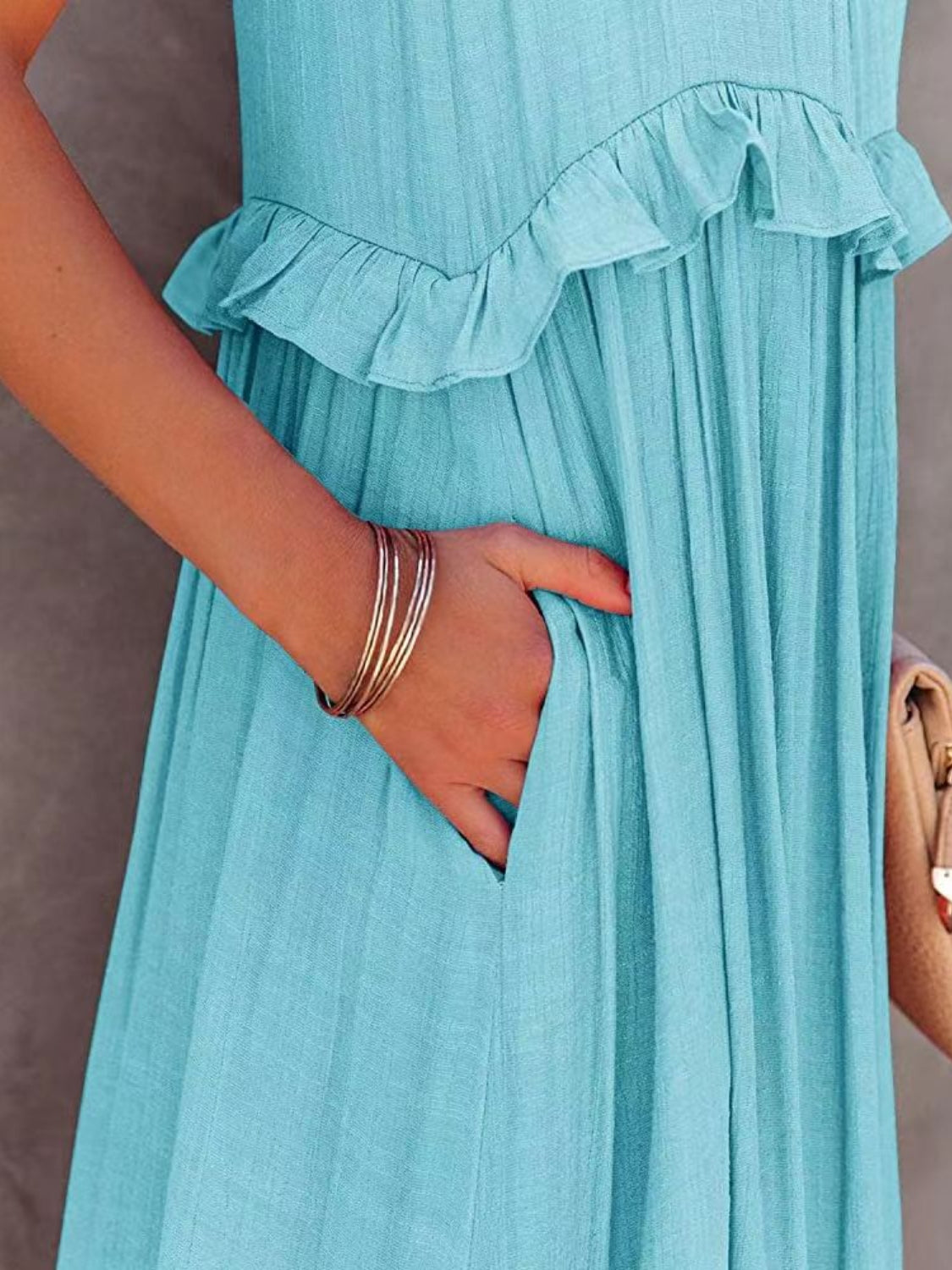 Ruffled Sleeveless Tiered Maxi Dress with Pockets - Cowaa