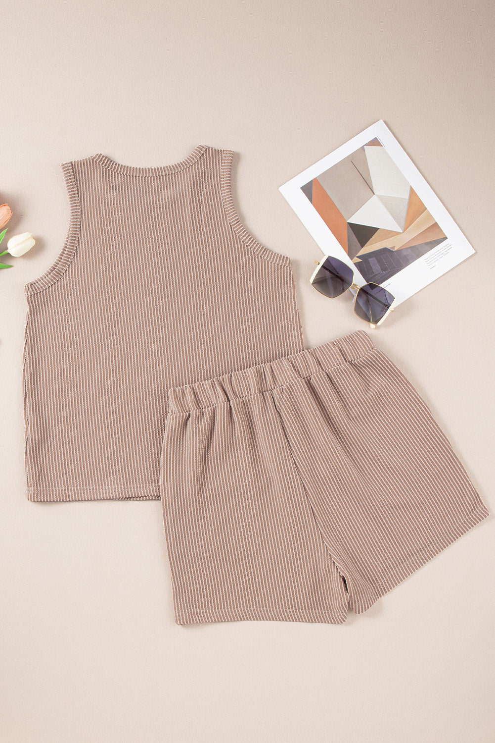 Medium Grey Corded Sleeveless Top and Pocketed Shorts Set - Cowaa