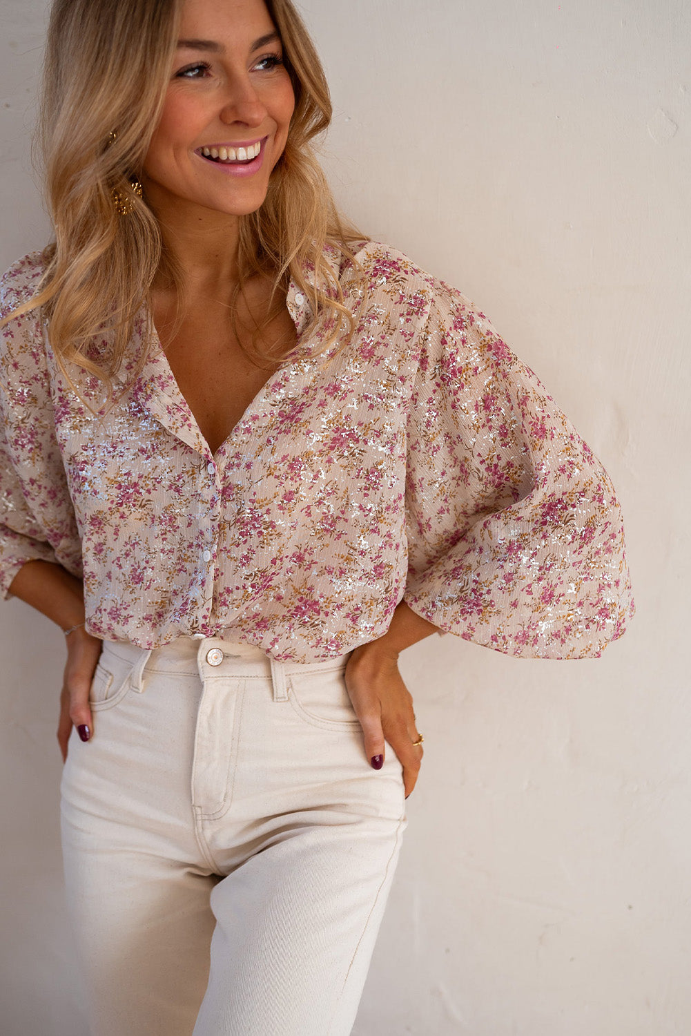 Pink Ditsy Floral Print Bishop Sleeve Collared V Neck Shirt - Cowaa