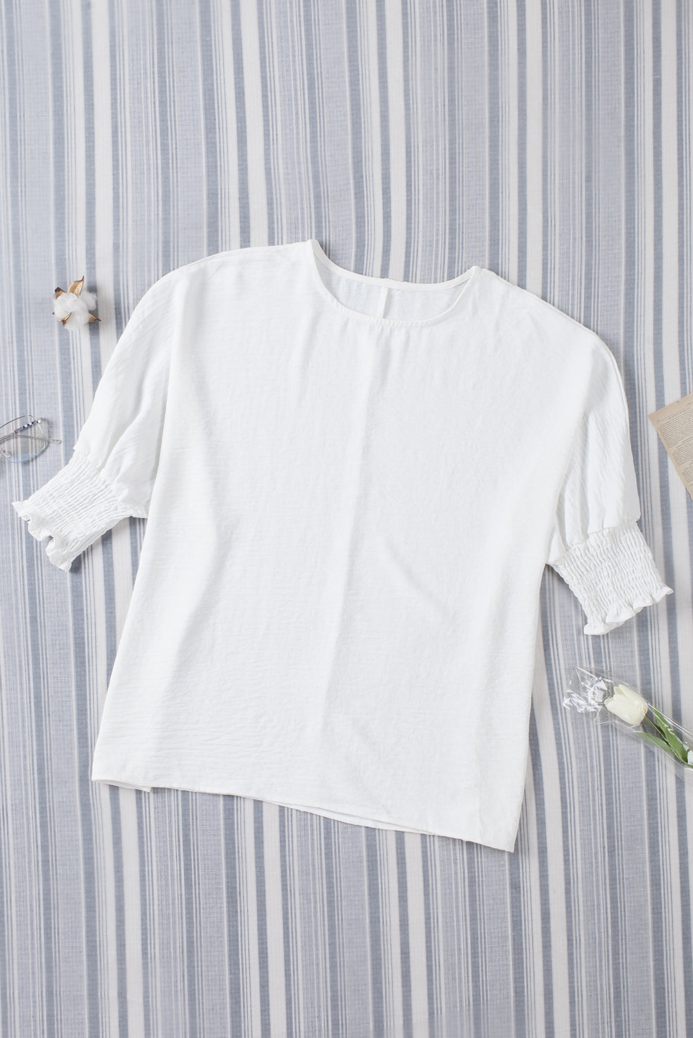 Apricot Solid Casual Smocked Cuffs Batwing Sleeve Blouse - Cowaa