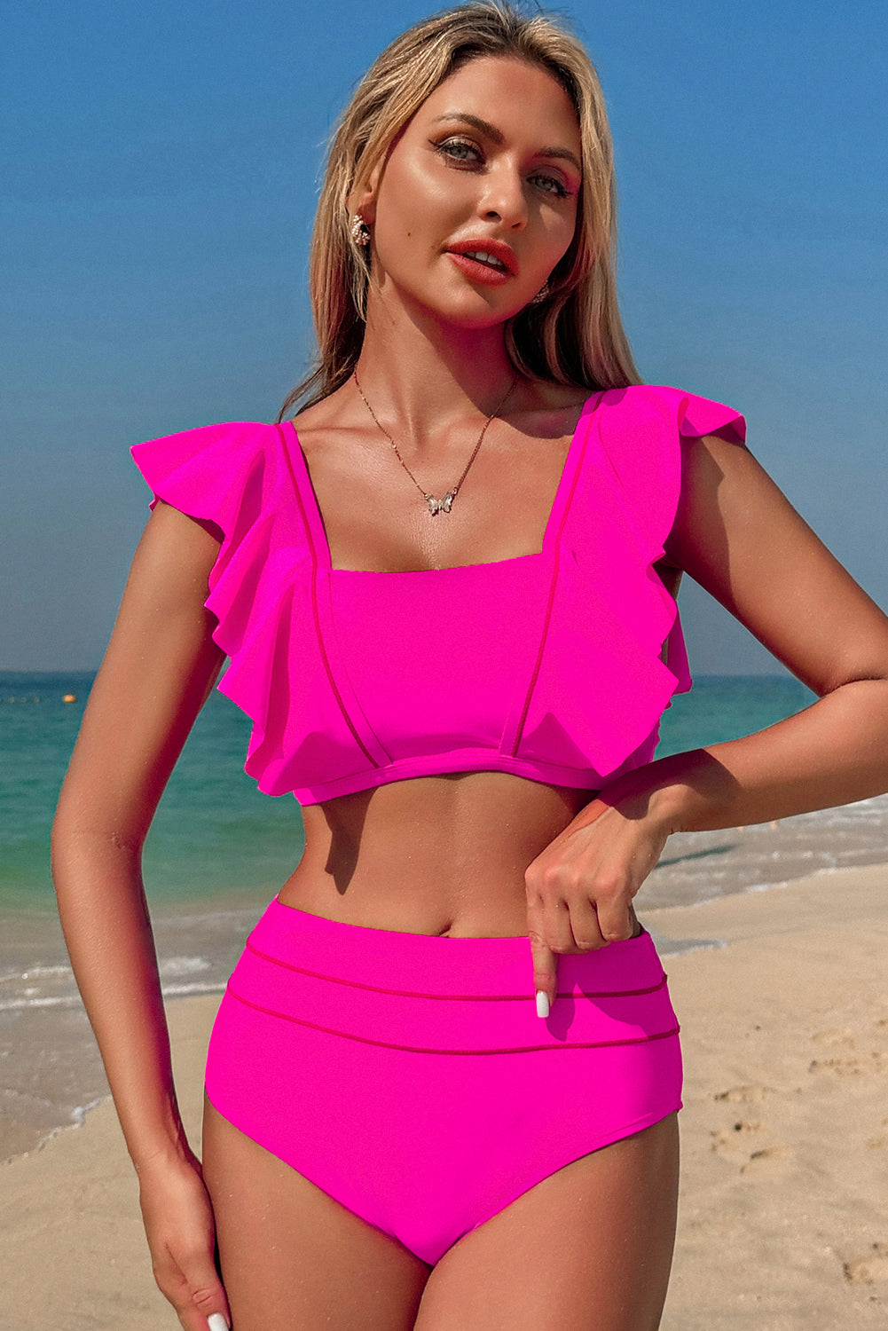 Bright Pink Tie Back Ruffled 2pcs Bikini Swimsuit