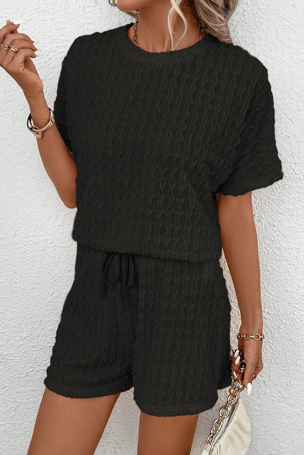 Beige Textured Tee & Drawstring Shorts Set - Cowaa