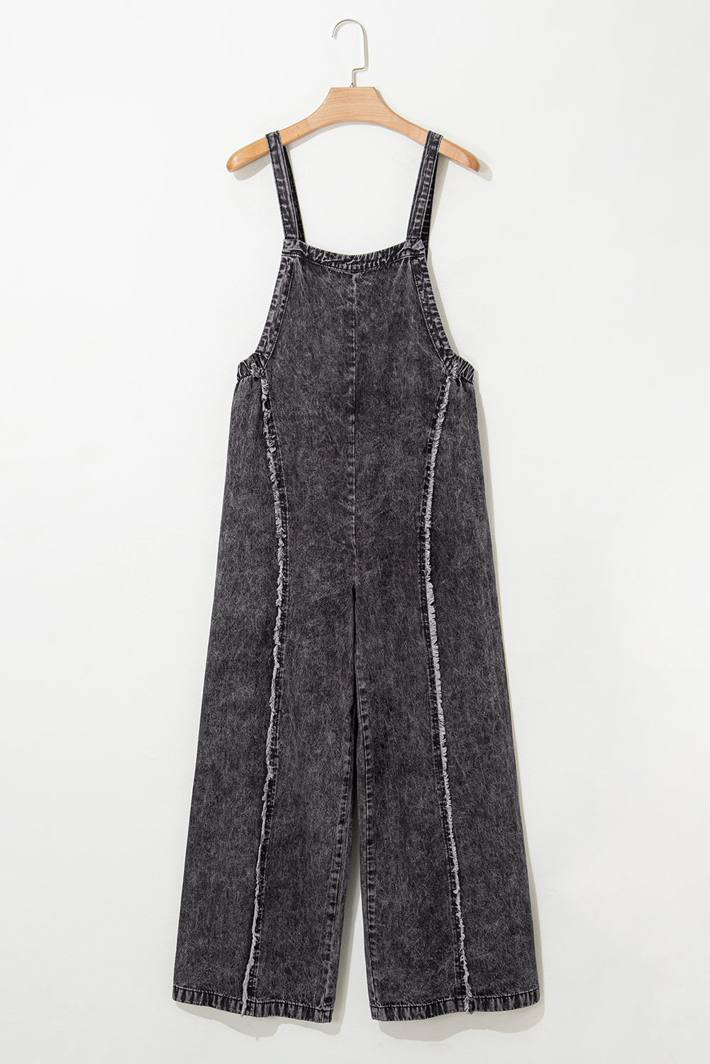 Blue Light Wash Frayed Exposed Seam Wide Leg Denim Overalls - Cowaa