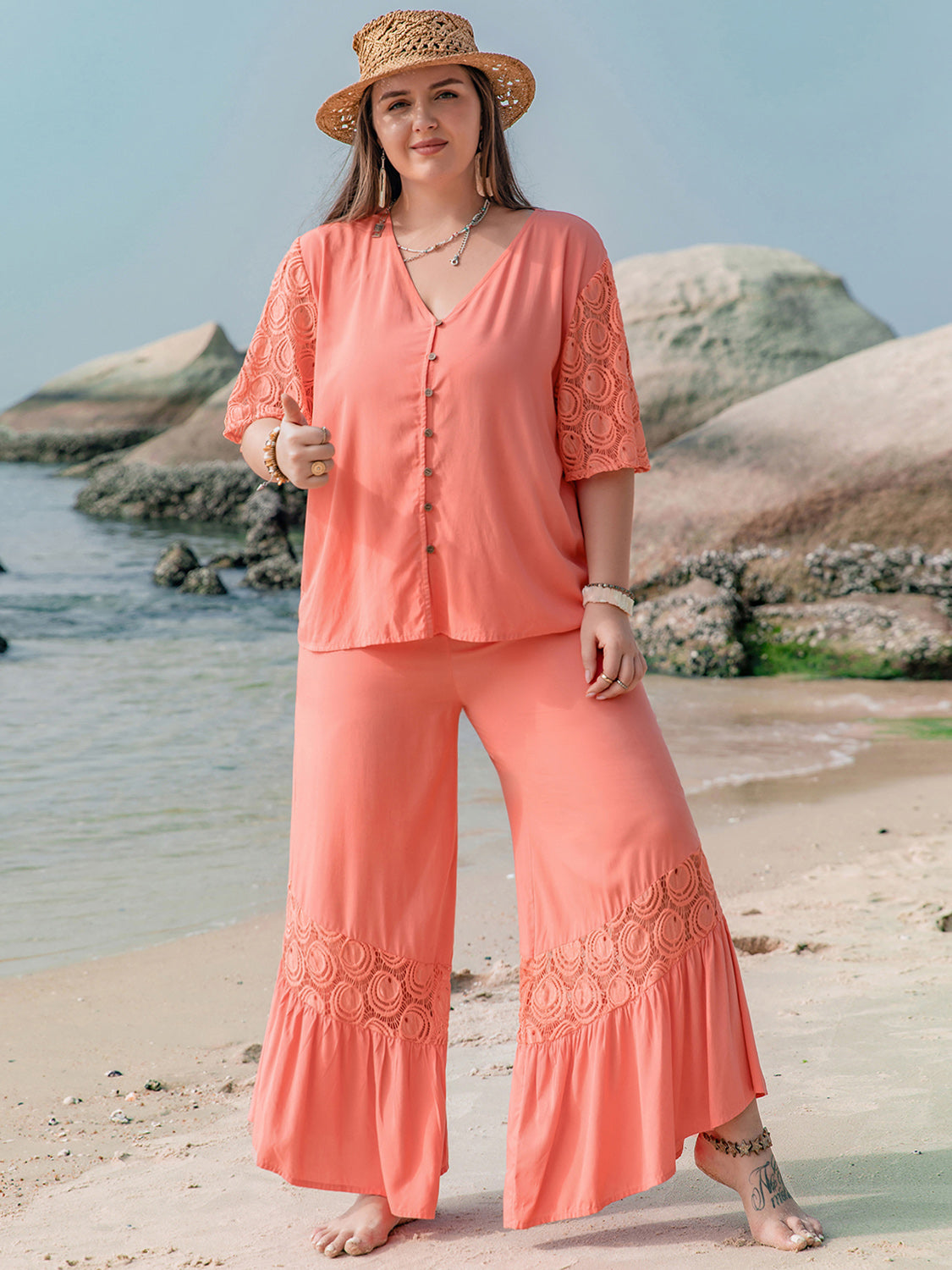 Plus Size Button Up Half Sleeve Top & Pants Set - Cowaa