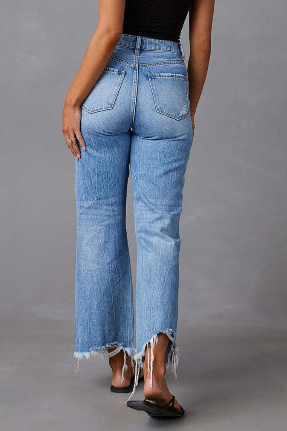 Distressed Raw Hem Jeans with Pockets - Cowaa