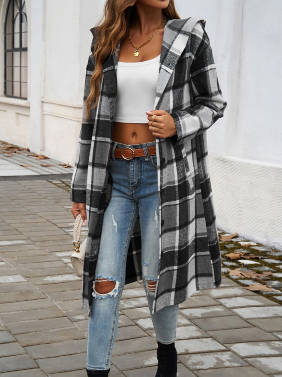 Devine Plaid Long Sleeve Hooded Coat - Cowaa