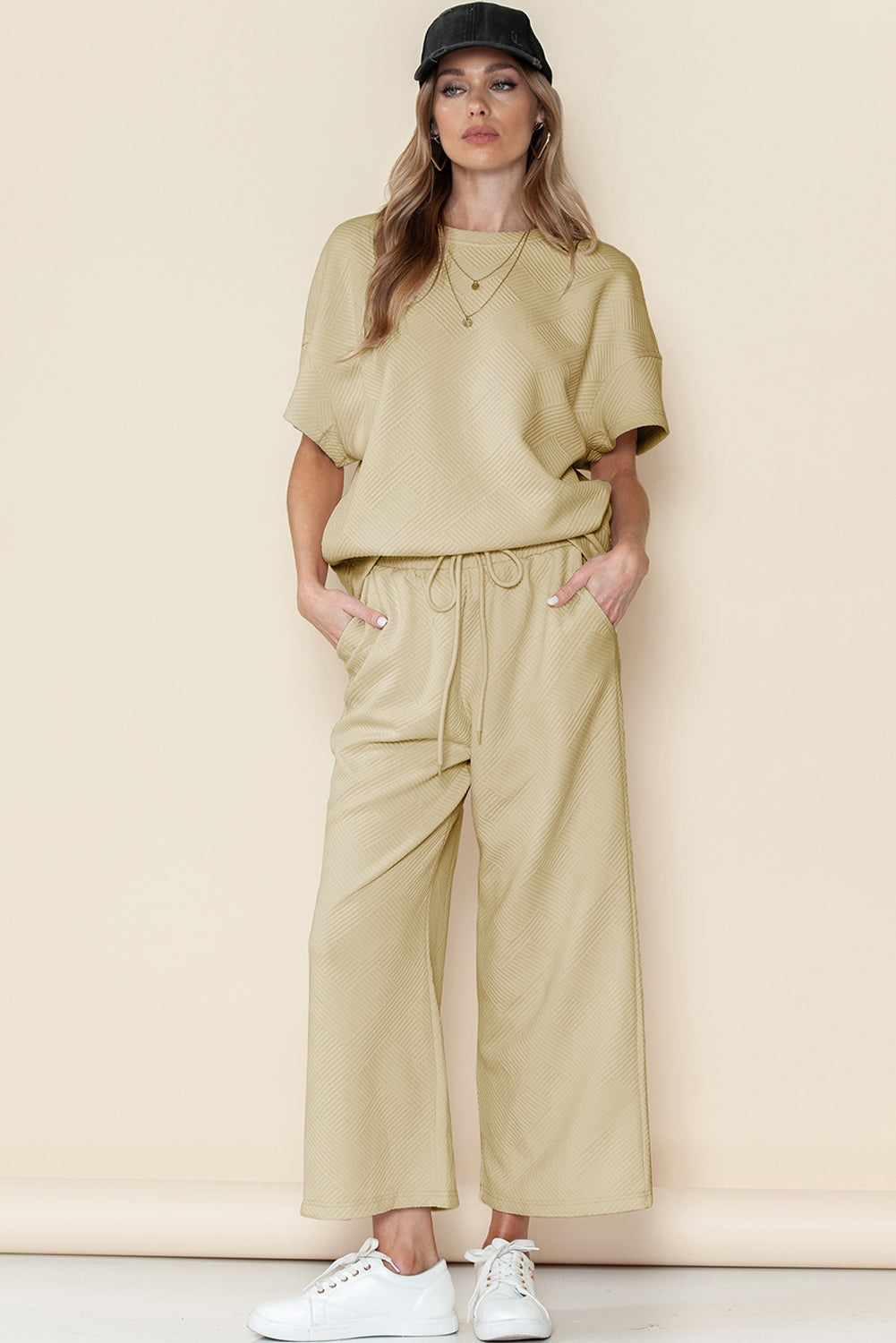 Navy Blue Textured Loose Fit T Shirt and Drawstring Pants Set - Cowaa