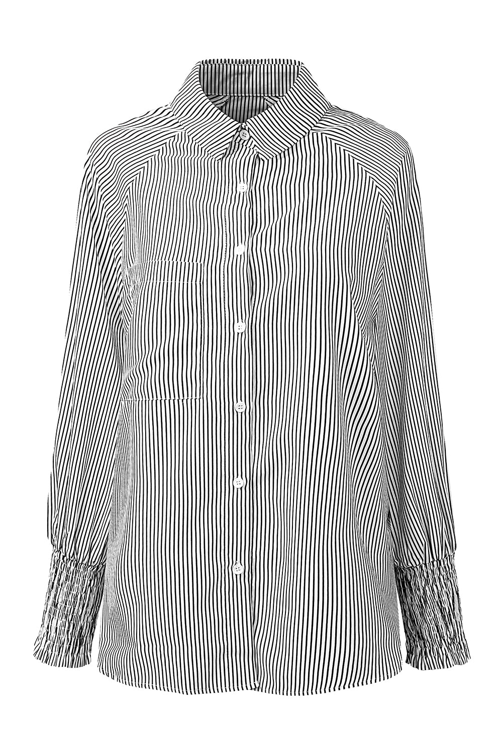 Black Striped Casual Shirred Cuffs Shirt - Cowaa