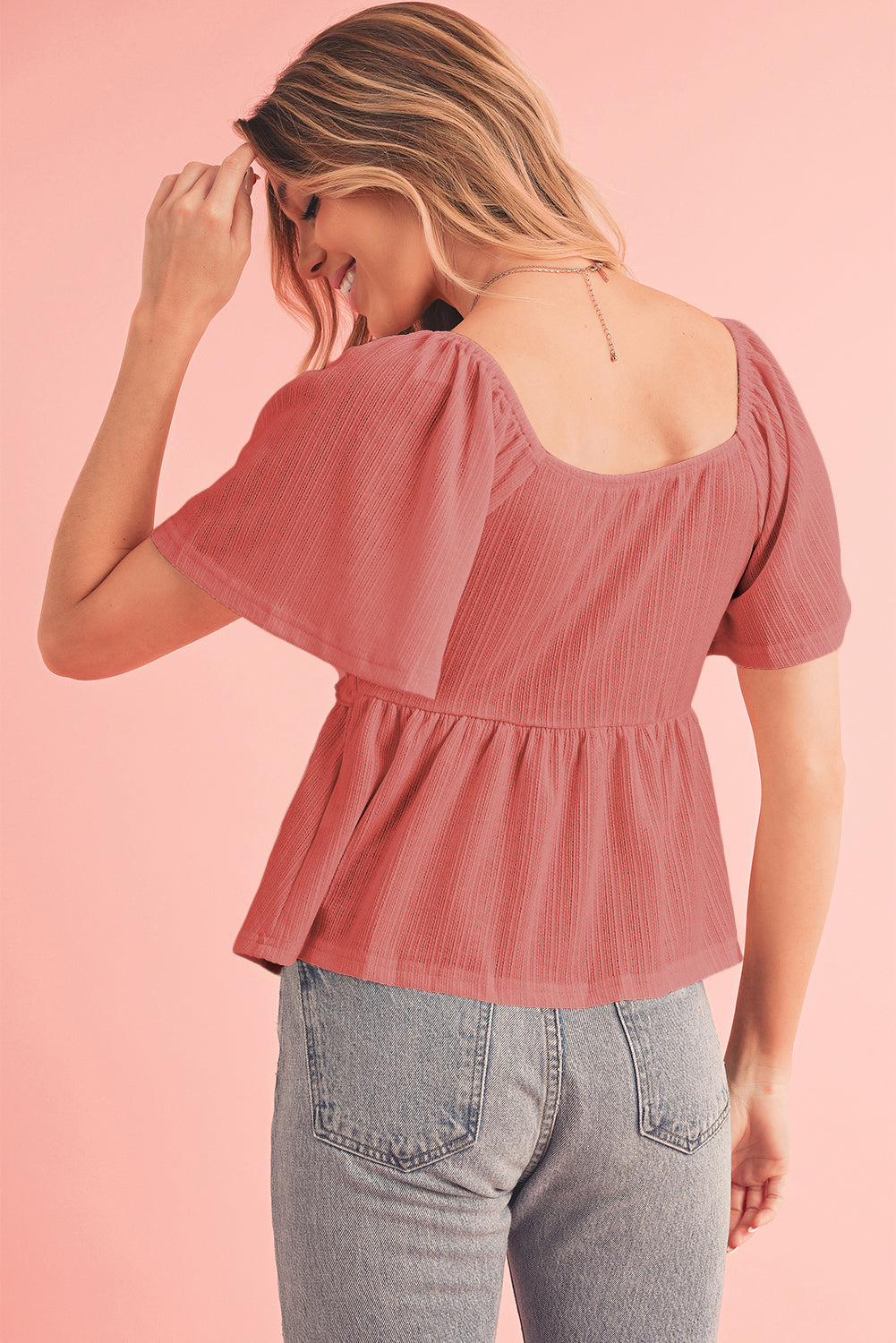 Oatmeal Shirred V Neck Short Flutter Sleeve Textured Blouse - Cowaa