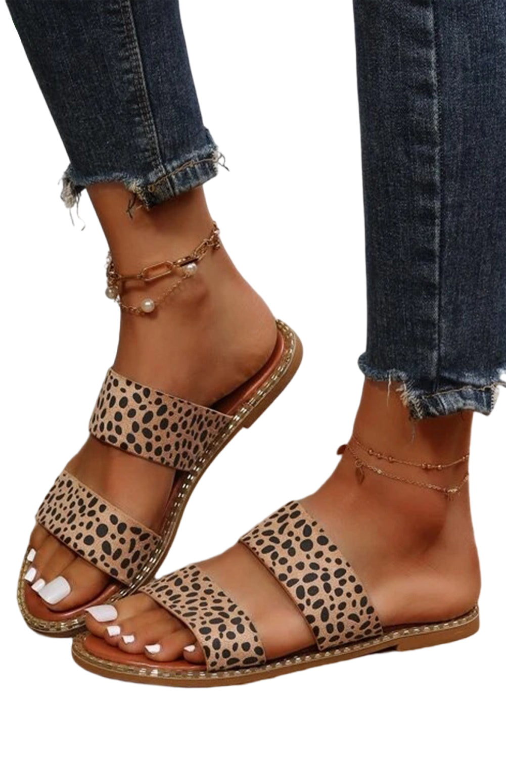 Leopard Strap Casual Flat Sandels - Cowaa