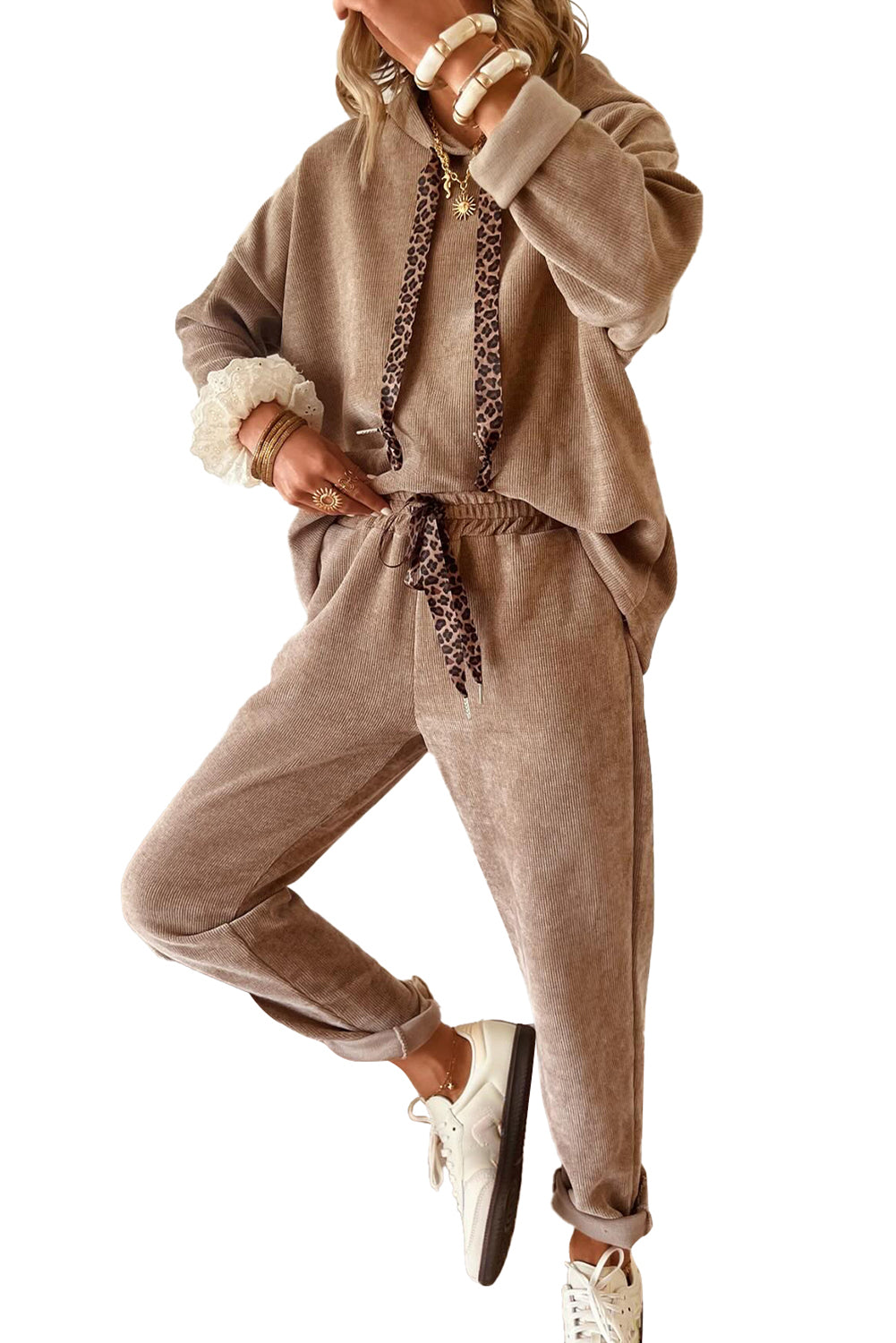 Rose Tan Drawstring Pullover Hoodie and High Waist Pants Corduroy Suit