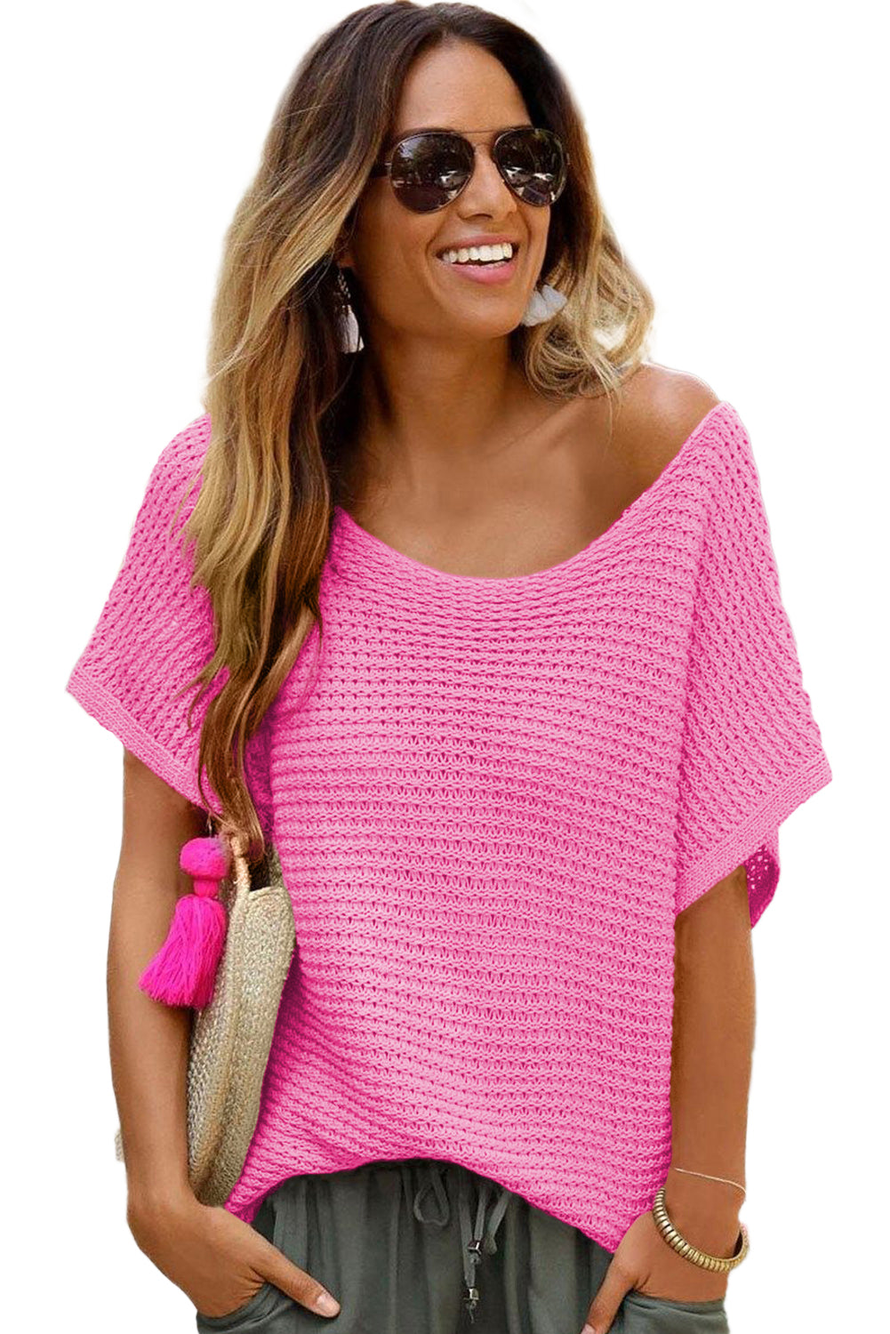 Pink Plain Knit Loose Batwing Sleeve Blouse - Cowaa
