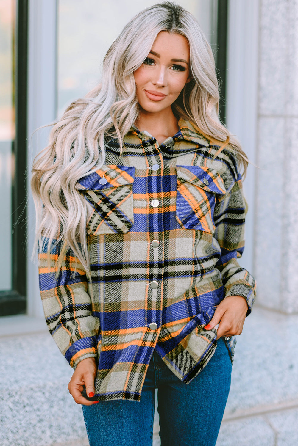 Plaid Button Front Pocket Shirt Shacket - Cowaa