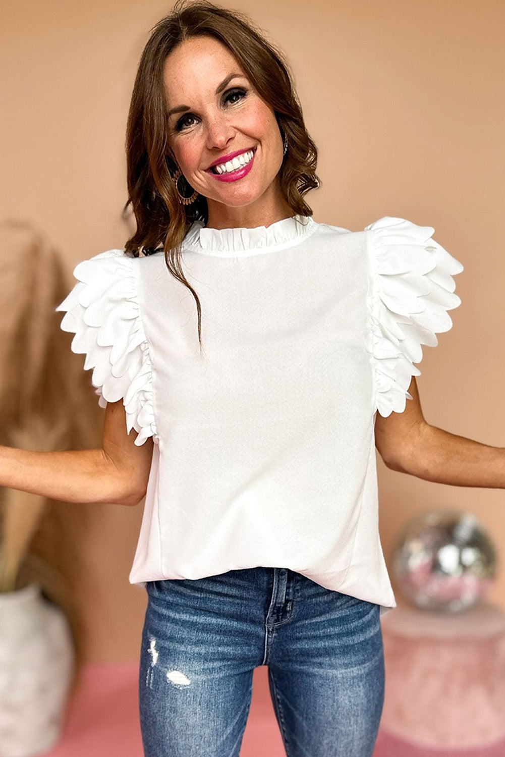 Bright Pink Solid Scalloped Ruffle Sleeve Blouse - Cowaa