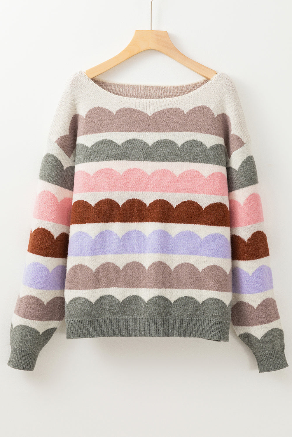 Dark Blue Wave Striped Balloon Sleeve Drop Shoulder Sweater - Cowaa