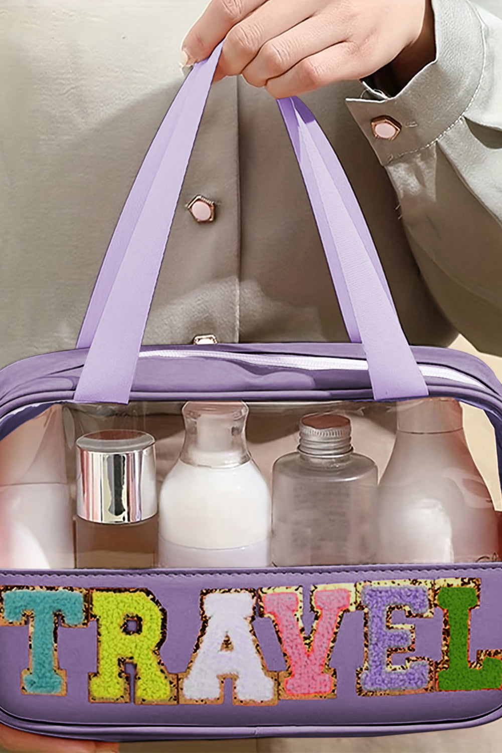 Travel Chenille Letter Clear PVC Makeup Bag - Cowaa