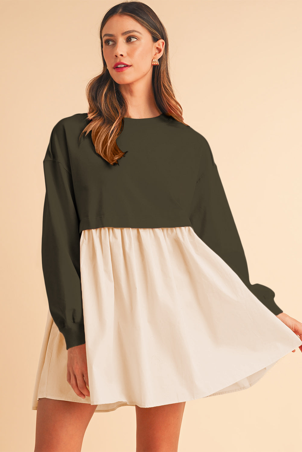 Khaki Sweatshirt 2-in-1 Flowy Pleated Mini Dress - Cowaa