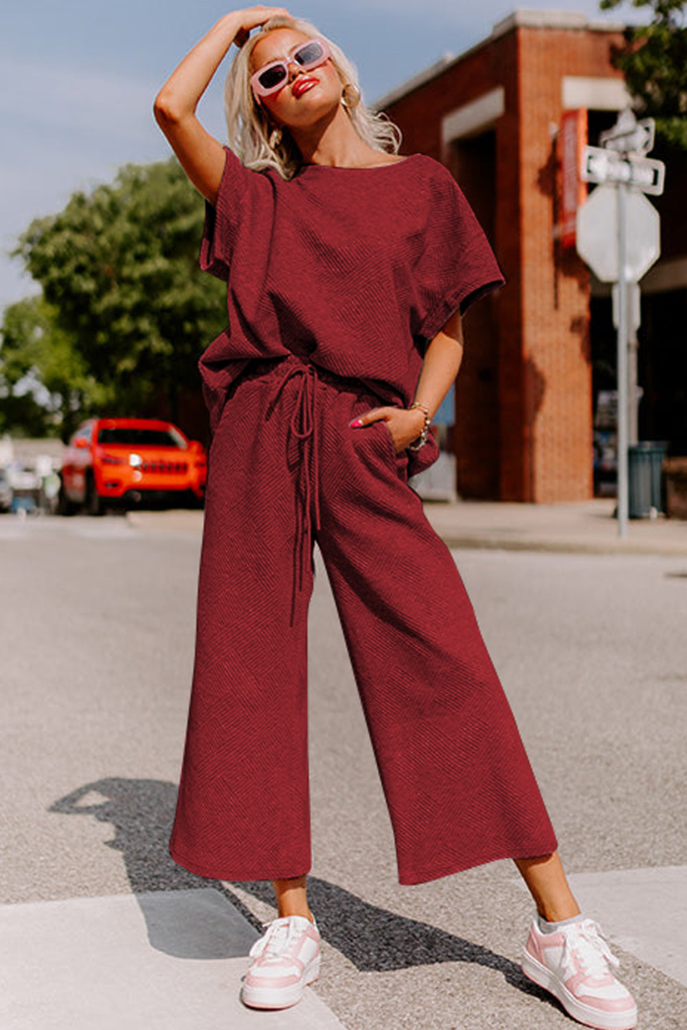 Navy Blue Textured Loose Fit T Shirt and Drawstring Pants Set - Cowaa