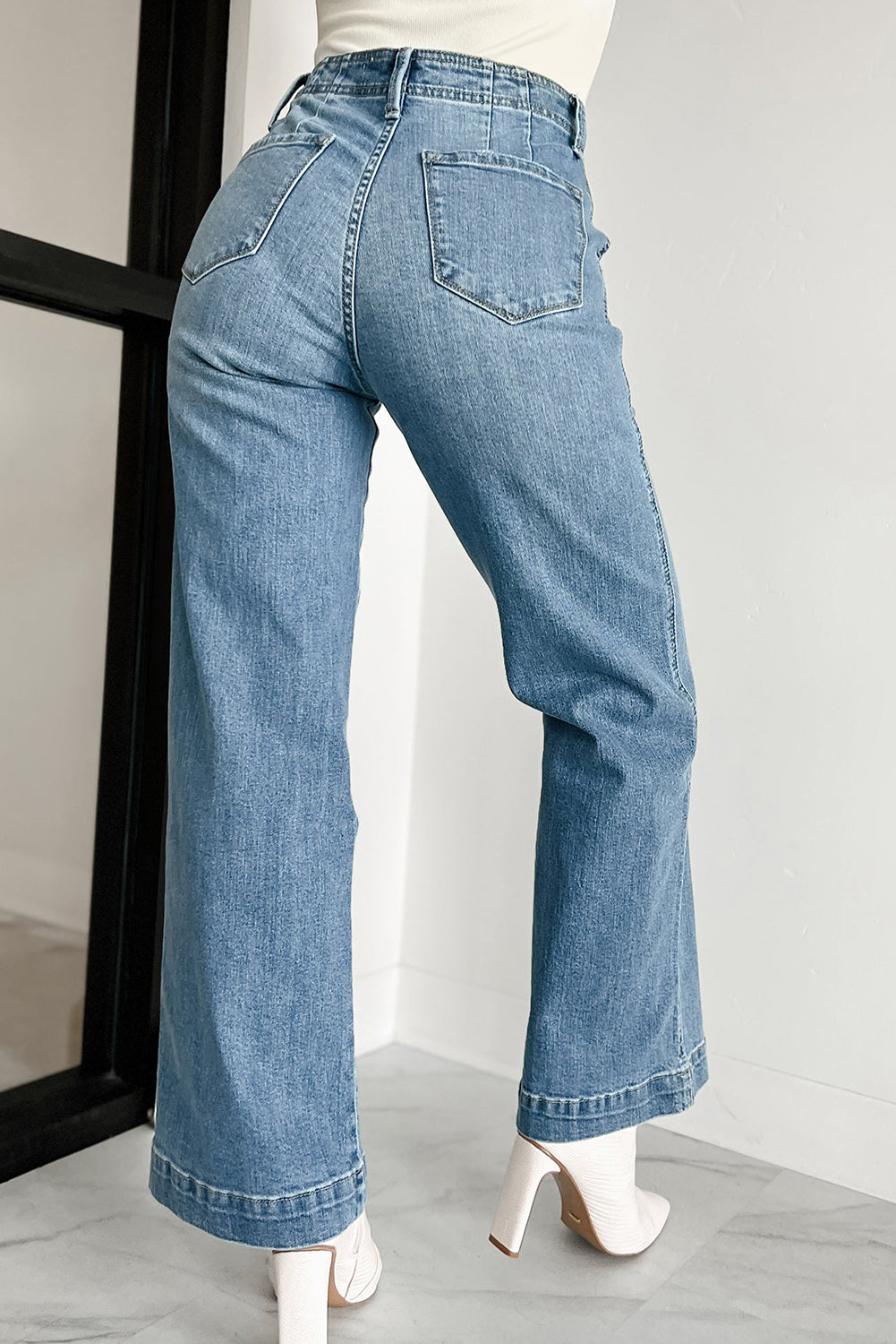 Dusk Blue Multi Button Waist Wash Straight Leg Jeans - Cowaa