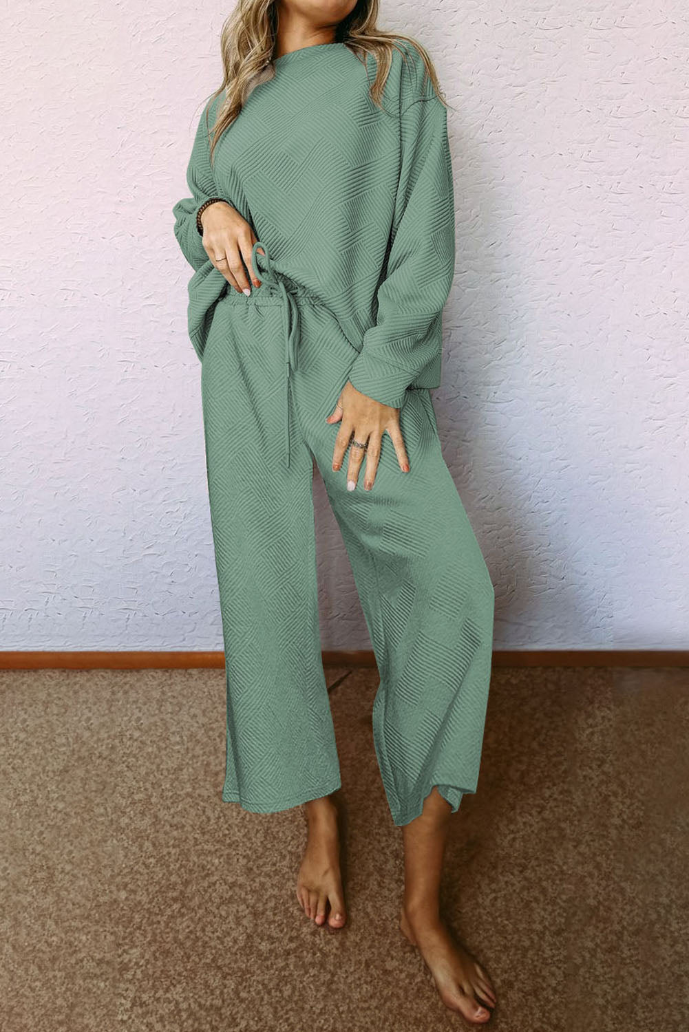 Strawberry Pink Textured Loose Slouchy Long Sleeve Top and Pants Set - Cowaa