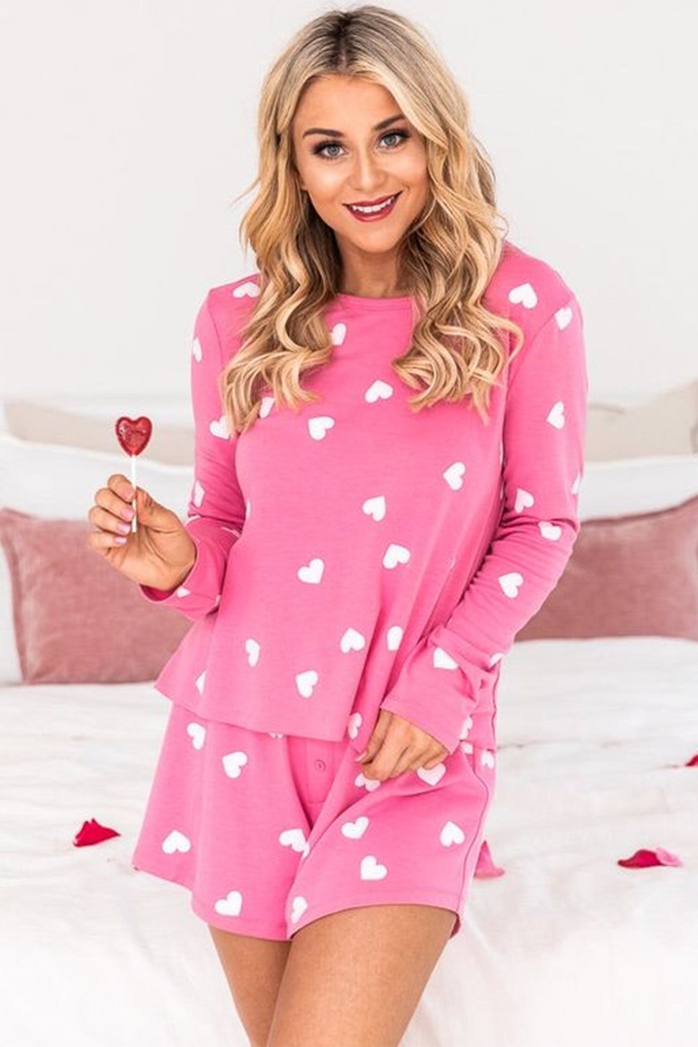 Pink Valentine Heart Print Long Sleeve Top and Shorts Pajama Set - Cowaa