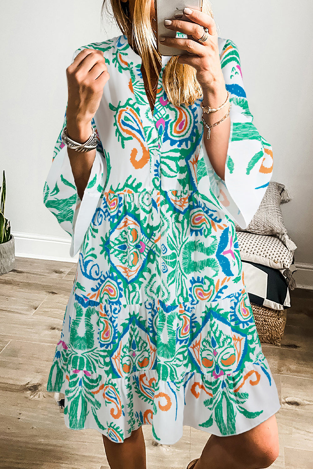 White Ethnic Print Boho Button Tiered Mini Dress - Cowaa