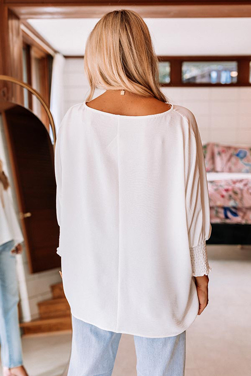 Apricot Solid Casual Smocked Cuffs Batwing Sleeve Blouse - Cowaa