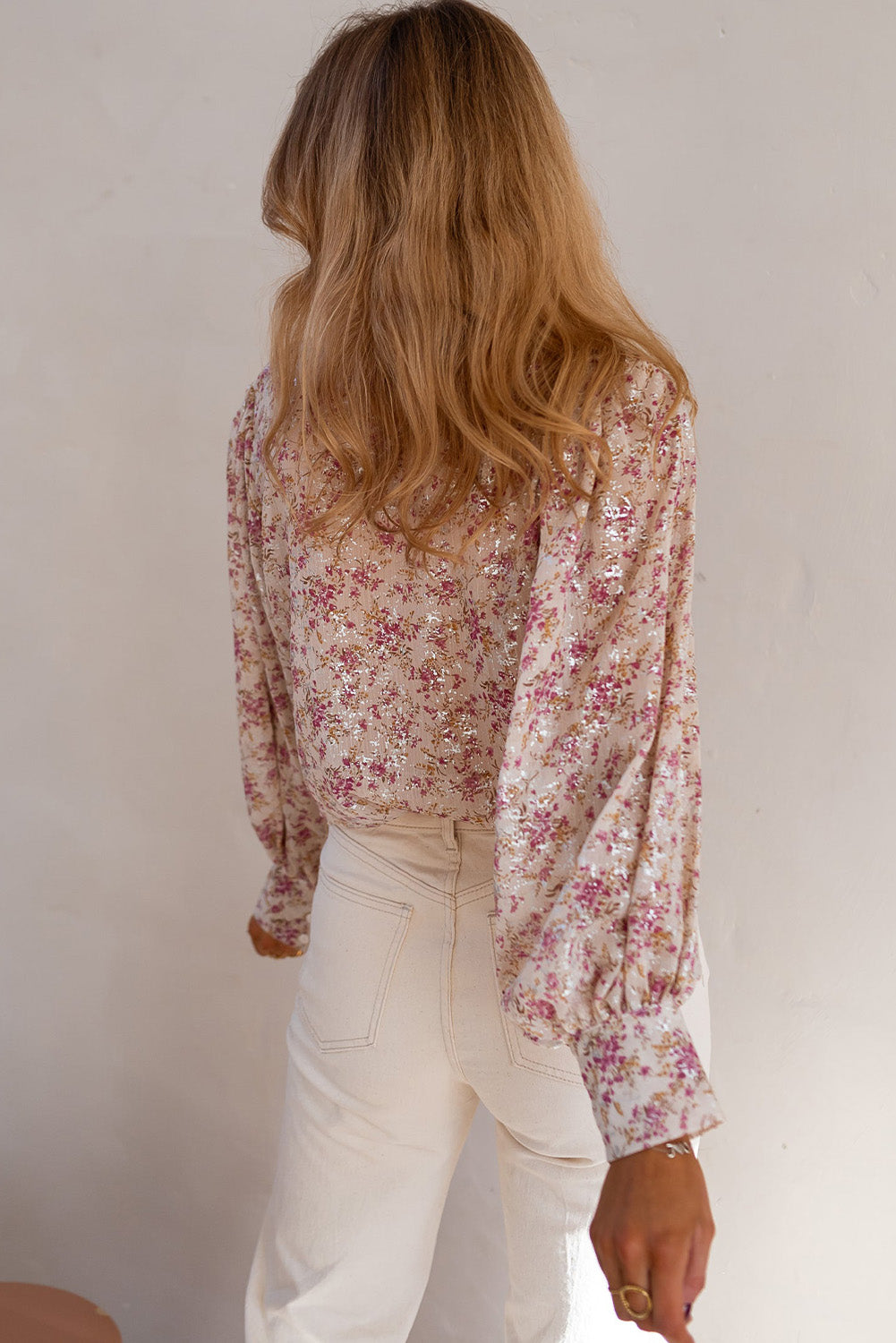 Pink Ditsy Floral Print Bishop Sleeve Collared V Neck Shirt - Cowaa