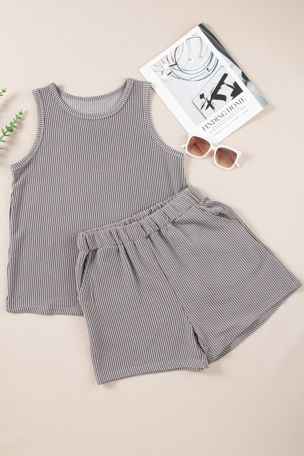 Medium Grey Corded Sleeveless Top and Pocketed Shorts Set - Cowaa