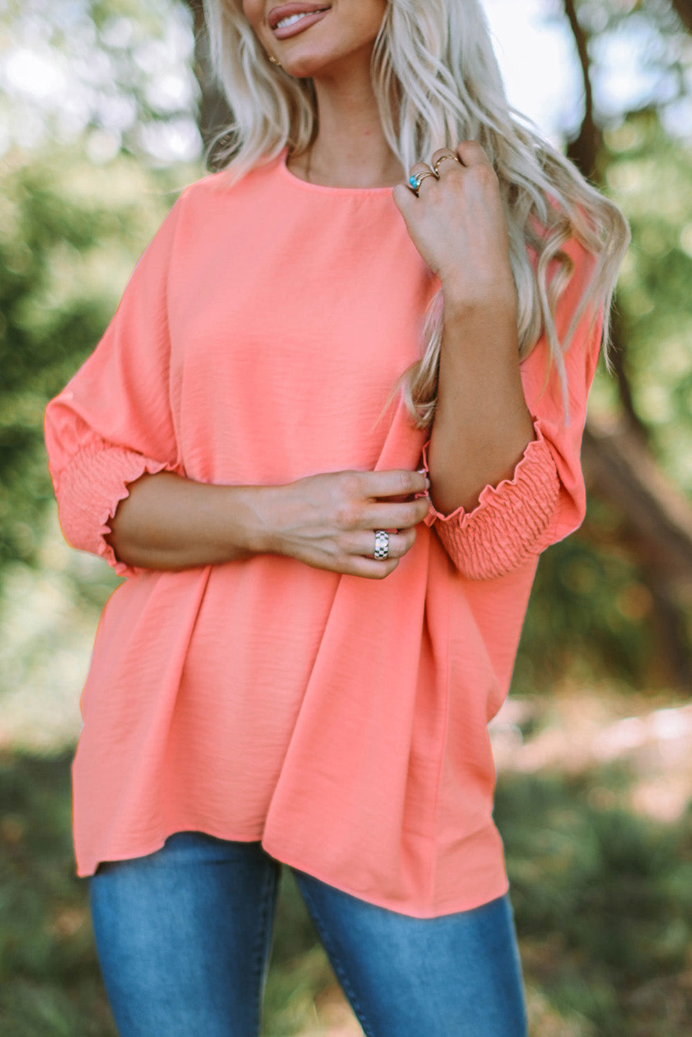Apricot Solid Casual Smocked Cuffs Batwing Sleeve Blouse - Cowaa