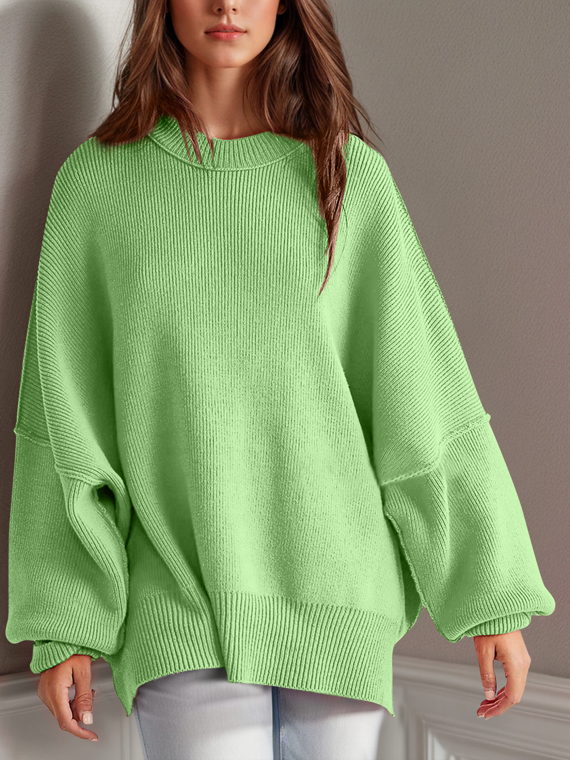 Double Take Side Slit Round Neck Long Sleeve Sweater - Cowaa