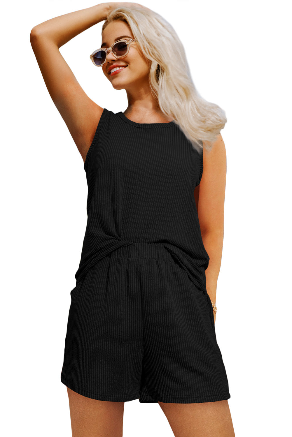 Medium Grey Corded Sleeveless Top and Pocketed Shorts Set - Cowaa