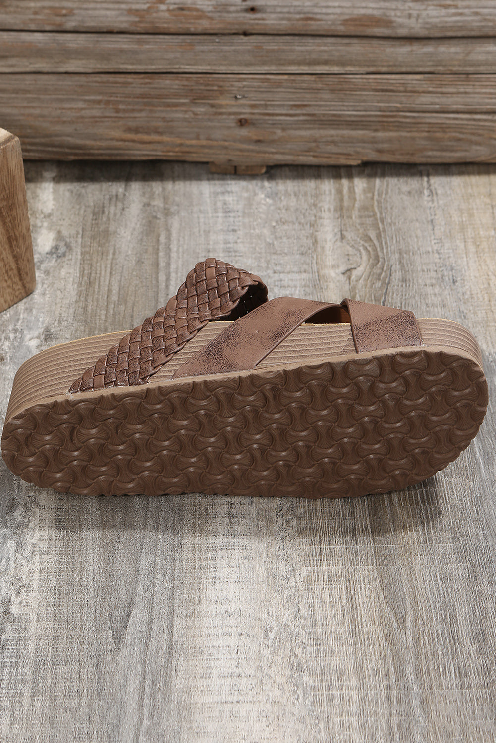 Beige Braided Detail Criss Cross Platform Sandals - Cowaa