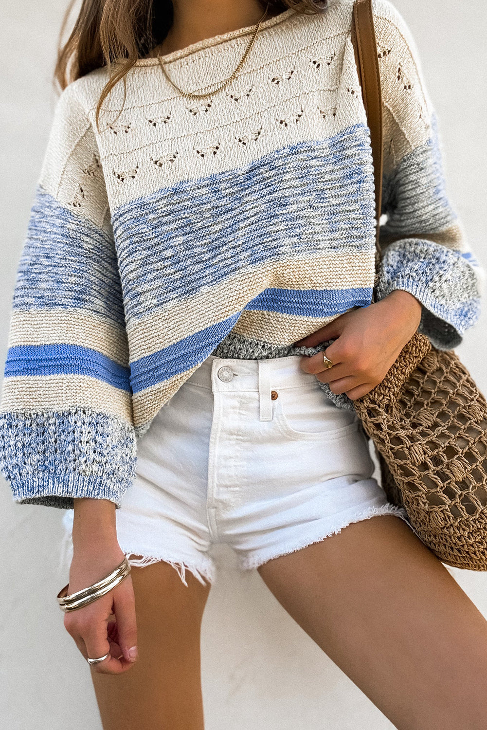 Light Blue Striped Puff Sleeve Sweater - Cowaa
