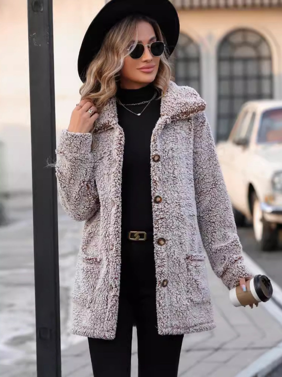 Pocketed Collared Neck Long Sleeve Plush Jacket - Cowaa