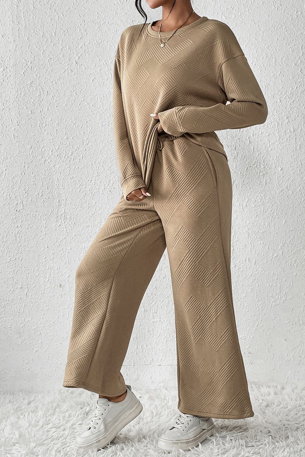 Strawberry Pink Textured Loose Slouchy Long Sleeve Top and Pants Set - Cowaa