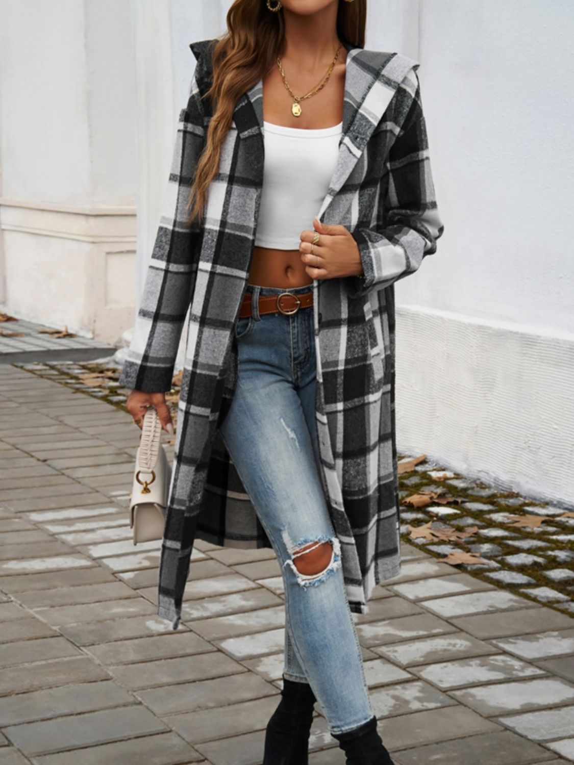 Devine Plaid Long Sleeve Hooded Coat - Cowaa