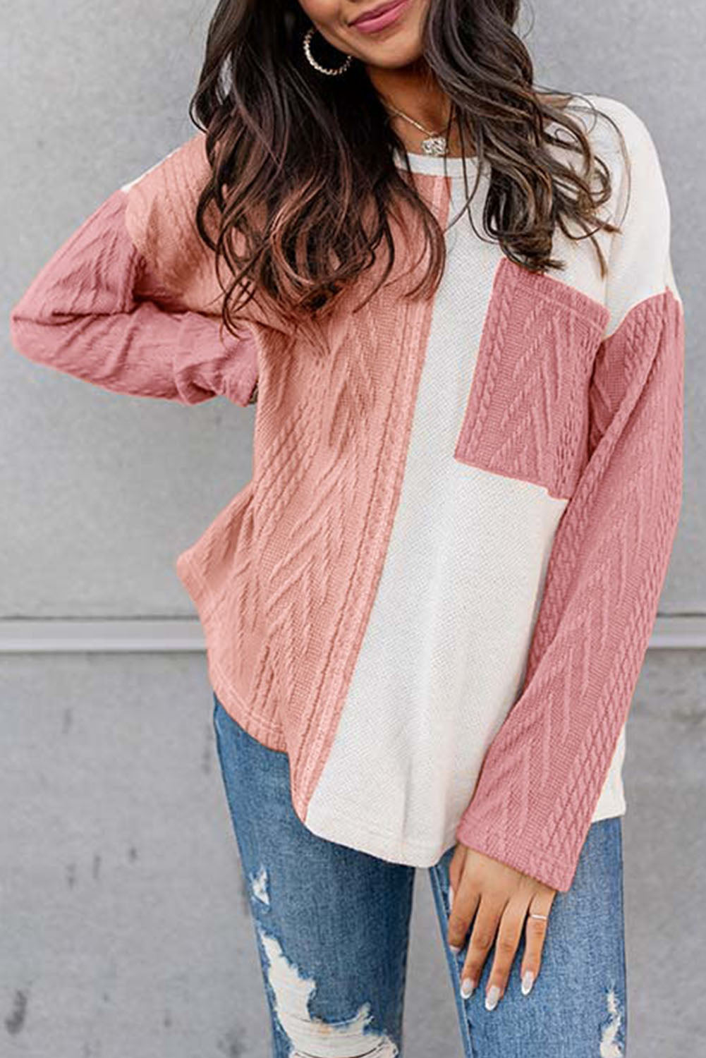 Long Sleeve Colorblock Chest Pocket Textured Knit Top - Cowaa