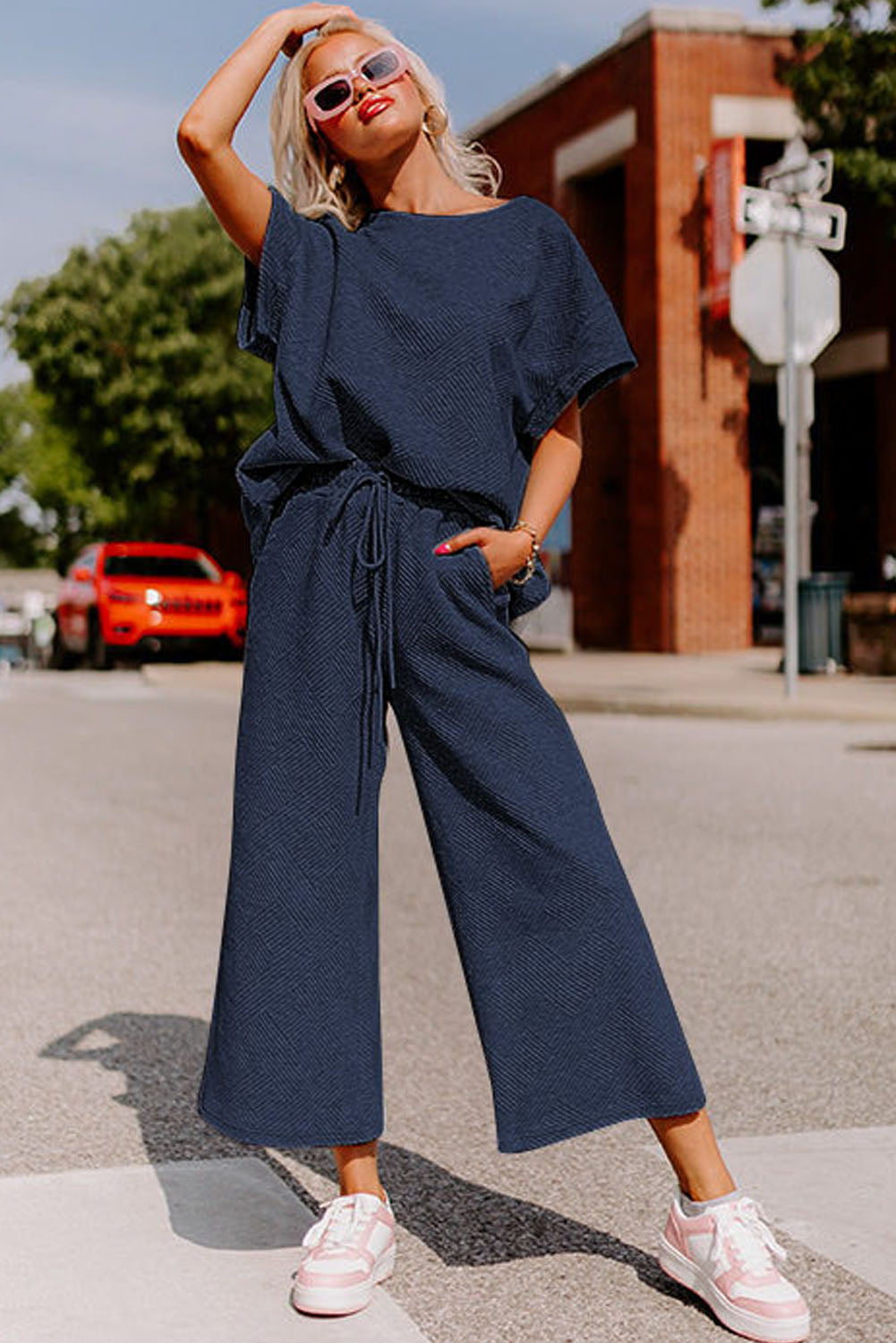 Navy Blue Textured Loose Fit T Shirt and Drawstring Pants Set - Cowaa